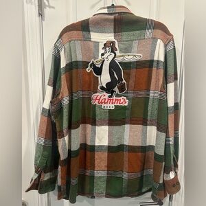 Men’s Angry Minnow Hamm’s Beer Fishing Club Brown/ Green Plaid Flannel- 2XL